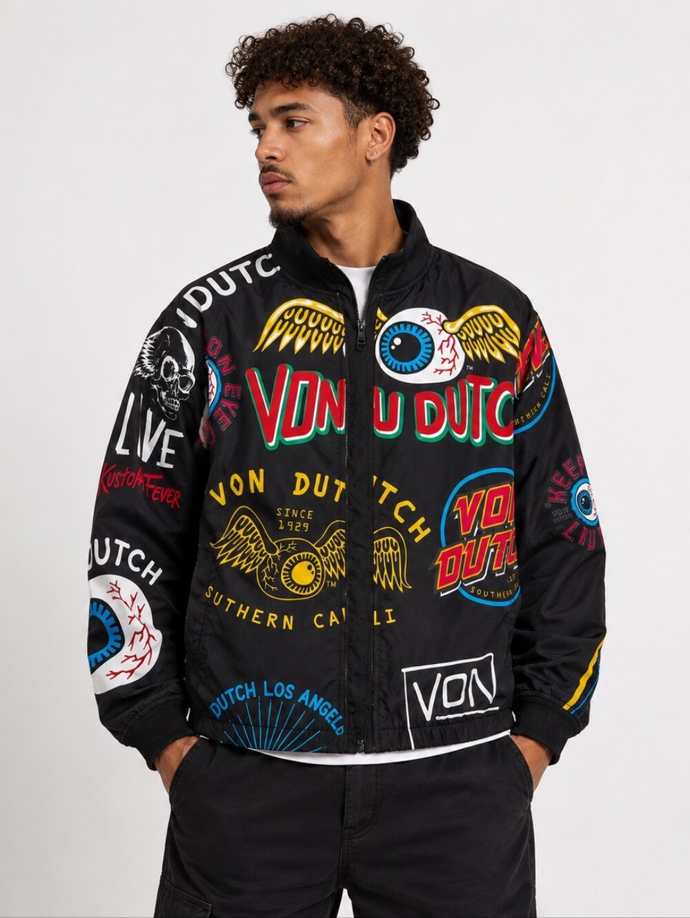 VON DUTCH Bomber Jacket Y2K All Over Logo Graphic Mens Large